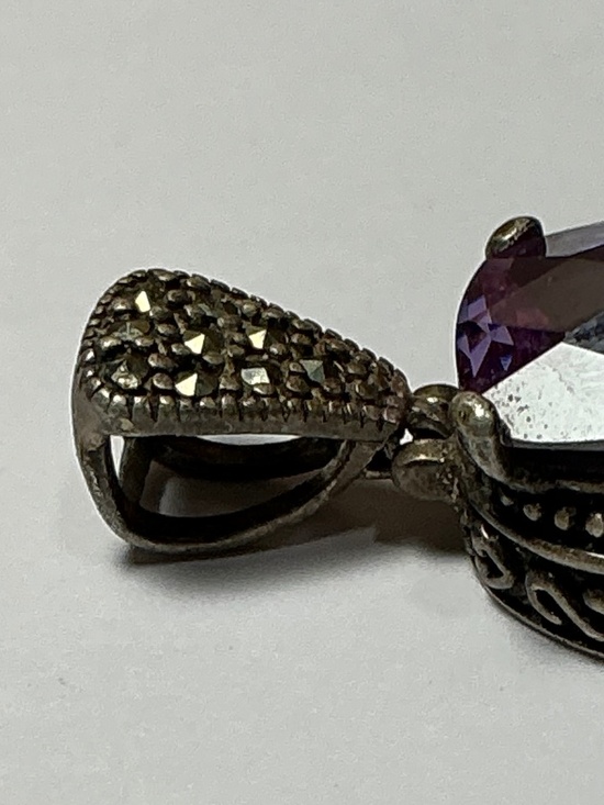 Sterling Silver Oval Pendant with Marcasite and a Purple Stone. 1.5 inches long - Picture 4 of 6